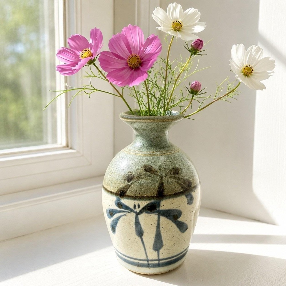 Emerson Creek Pottery Dragonfly Bud Vase ~ 5" 1980s, Bedford Virginia
